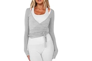 NVRENJIA Women Wrap Tie Top Y2k Long SLeeve Ballet Workout Yoga Shirt Coquette Blouses