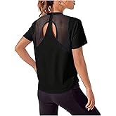 OYOANGLE Women's Open Back Workout Tops Sports T-Shirts Athletic Mesh Twist Gym Running Yoga Crewneck Shirt