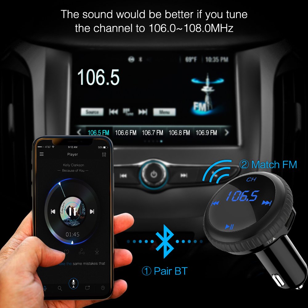 (Upgrade) Bluetooth FM Transmitter With Smart Locator,BliGli Car Charger Car Kit With 3.4A USB Charging Ports,Built-in Mic,Supports Hands-Free Call, Last Call Redial,32G TF Card/U-disk Music Playback