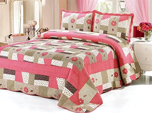 Auvoau 100% Cotton 3 Piece Colorful Flower Power Party Reversible Patchwork Bedspreads Coverlets Quilt Set (11)