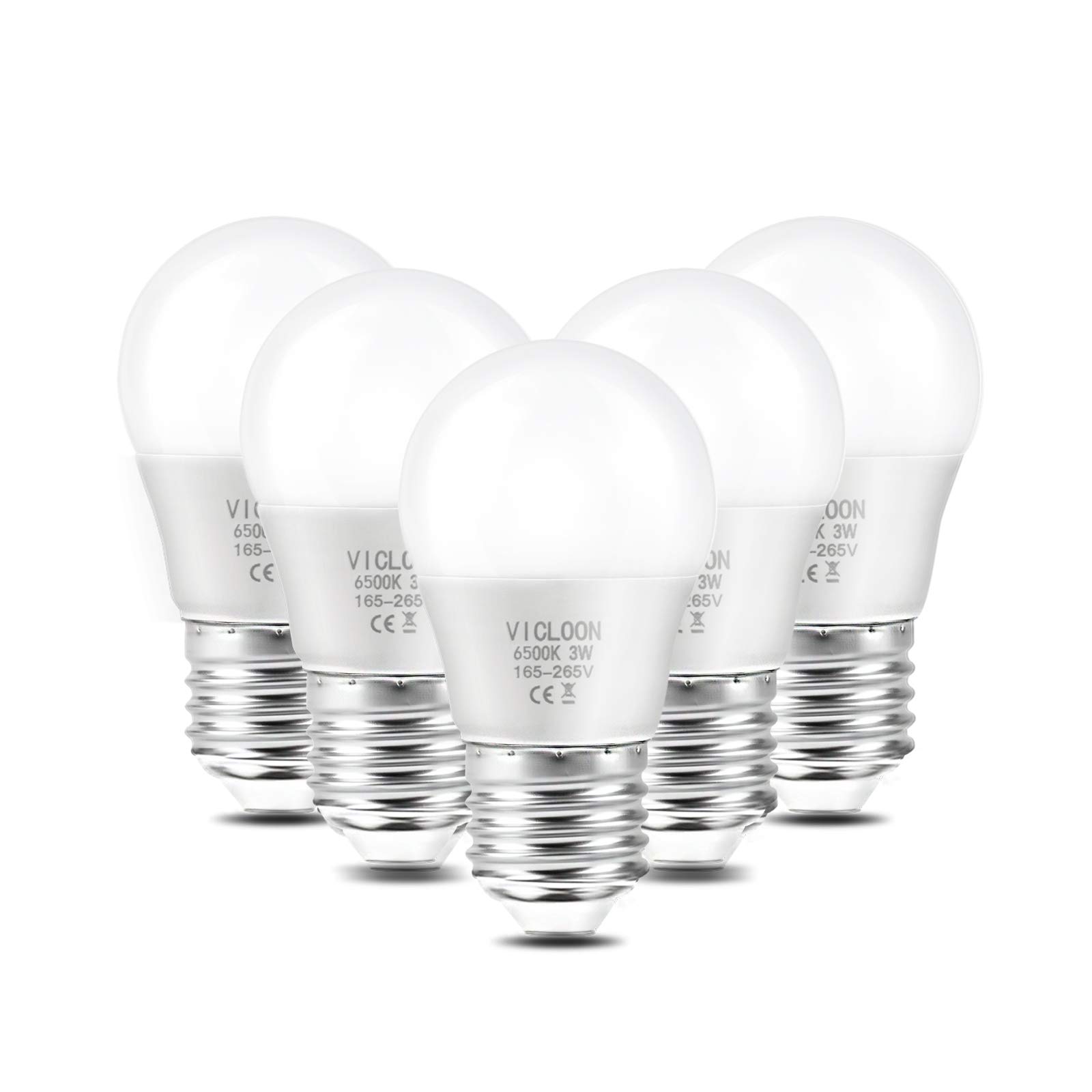 Vicloon LED E27 Light Bulbs, 5 Pcs 3W G45 E27 LED Golf Ball Light Bulb, 25W Incandescent Bulb Equivalent, Cold White 6500K, 280LM, No Dimmable