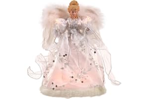 Vickerman Ice Palace Lighted White and Silver Angel Christmas Tree Topper with Clear Lights, 12"