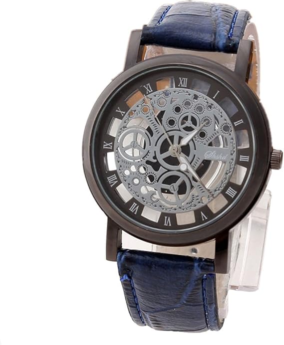 Amazon スケルトン 時計 クォーツ 腕時計 レザーウォッチバンド 生活防水 人気 おしゃれ 安い レディース メンズ 男女兼用 贈り物 青色 メンズ腕時計 腕時計 通販