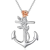 KINGWHYTE Anchor Necklace for Women 925 Sterling Silver Anchor Pendant Sailor Nautical Necklace with Rose Flower Birthday Jewelry Gifts for Her