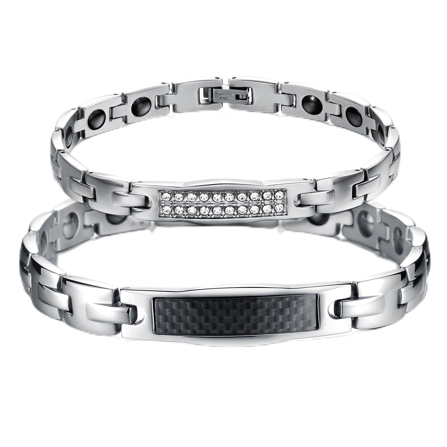 Stainless Steel His Hers Bangle with Shiny Rhinestone,Carbon Fiber Healthy Magnetic Bracelet for Couples Valentines Day Gifts