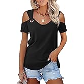Minetom Women's Cold Shoulder Tops Short Sleeve V Neck T Shirts Basic Summer Tees
