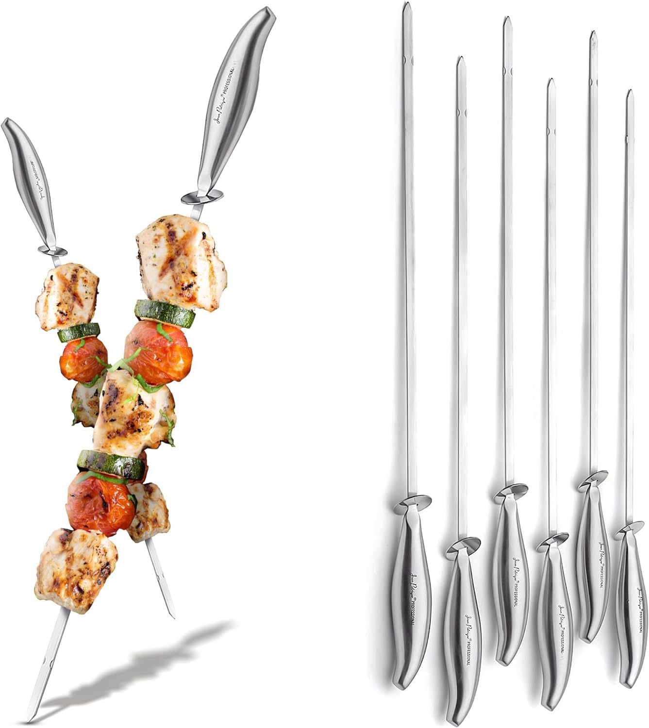 Professional Chef's Stainless Steel BBQ Skewers - Set of 6 | Reusable metal kebab skewers with a unique easy-slide design | from Jean Patrique