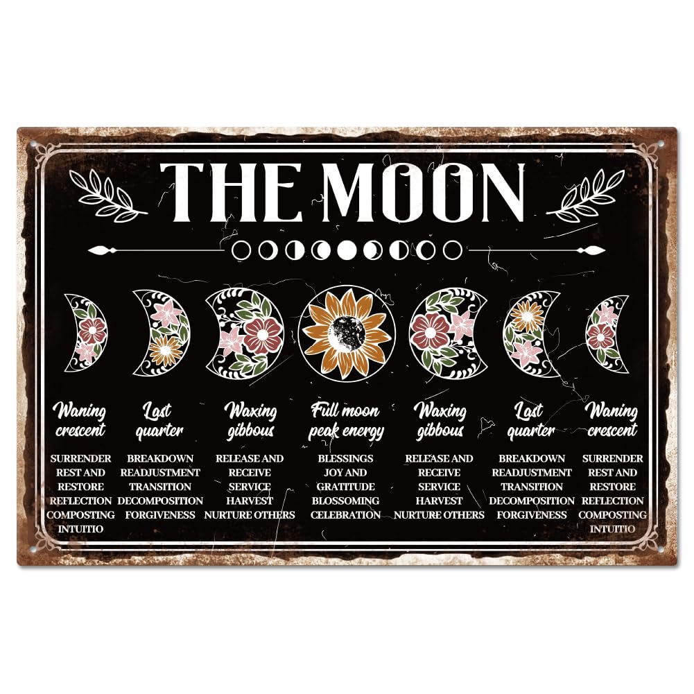 GLOBLELAND "The Moon" Vintage Metal Tin Sign 8×12inch Moon Phases Tin Sign Wall Art Plaque Retro Metal Wall Decor Signs for Home Yards Farm Club Orchard
