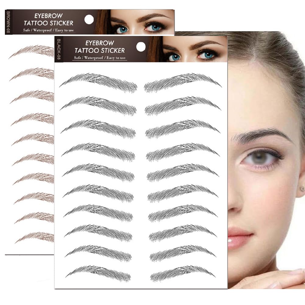 2Sheets/20Pairs Hair-Like Waterproof Eyebrow Tattoos Stickers Eyebrow Transfers Stickers Grooming Shaping Eyebrow Sticker for Women Girls (Black+Brown)