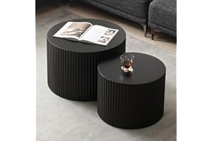 YYZIWYUN Black Nesting Coffee Table Set of 2 Modern Round Fluted Coffee Table Small Round End Table Side Table Circular Coffee Tables Circle Nested Coffee Tables for Living Room (Black Large)