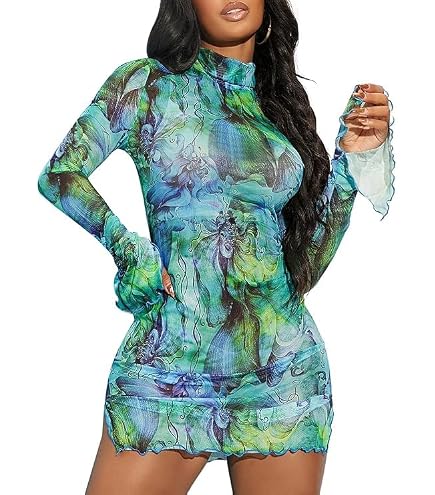 shape renaissance print high neck mesh bodycon dress WDIRARA Women's Heart Split Hem Sheer Black Red length dress delivers modern applique prom dresses Infinity Dress Wisteria Colored color:color 15