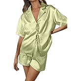 CHYRII Women's Silk Satin Pajamas Sets Tie Front Short Sleeve Tops and Shorts Two Piece Pj Sets Sleepwear