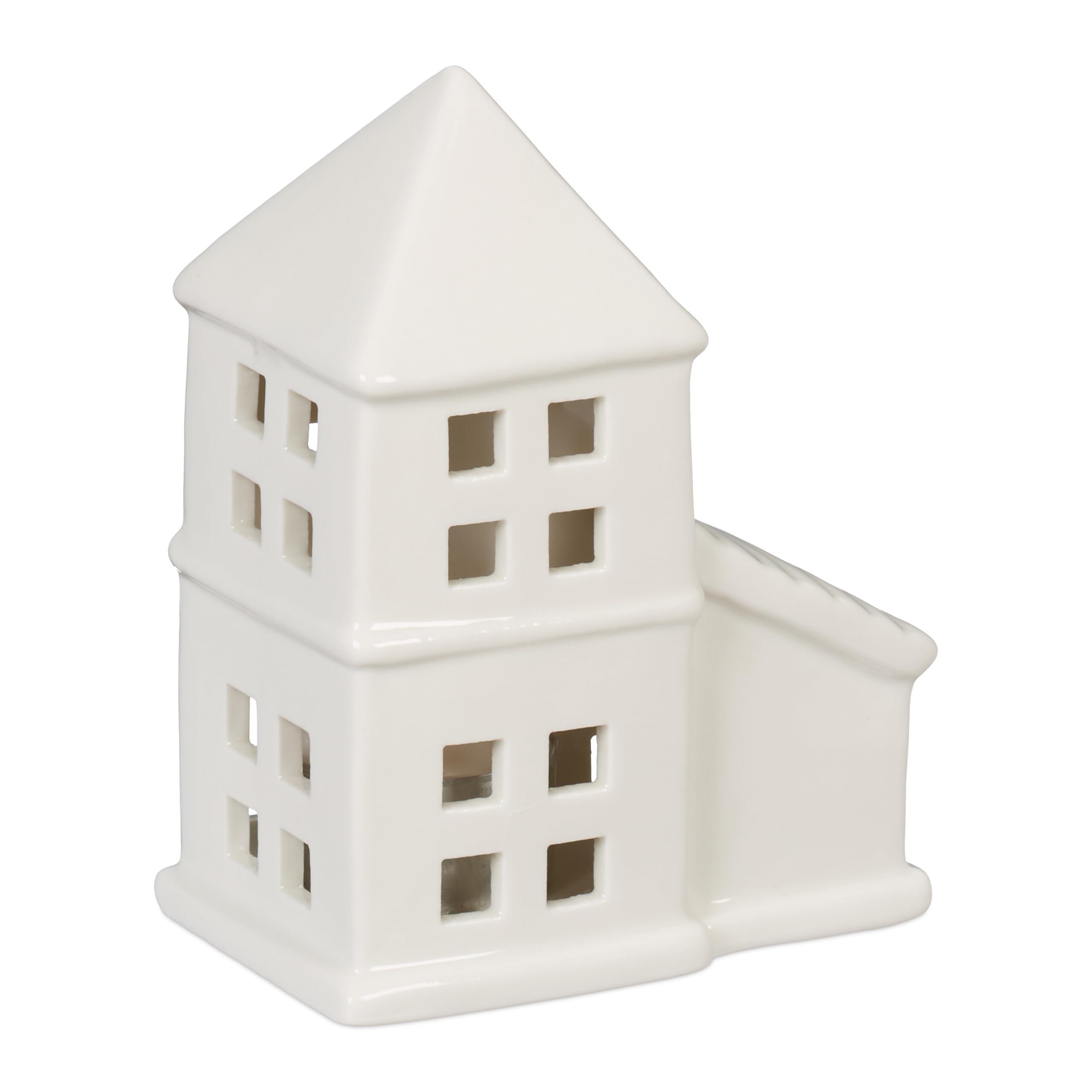 Relaxdays Tealight House Ceramic, Light Through Windows, for 1 Candle, HxWxD: 11.5 x 9.5 x 6 cm, Table Decoration, White