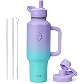 BUZIO Insulated Water Bottle Cup Holder Friendly, 40 oz Metal Travel Tumbler with Handle, Dishwasher Safe Thermo with Straw, Keep Cold for 48hrs, Dark Purple Green