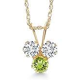 Gem Stone King 14K Yellow Gold White Lab Grown Diamond and Green Peridot 3-Stone Pendant Necklace For Women (0.32 Cttw, Gemstone April Birthstone, Round 3MM, 18 Inch Chain)