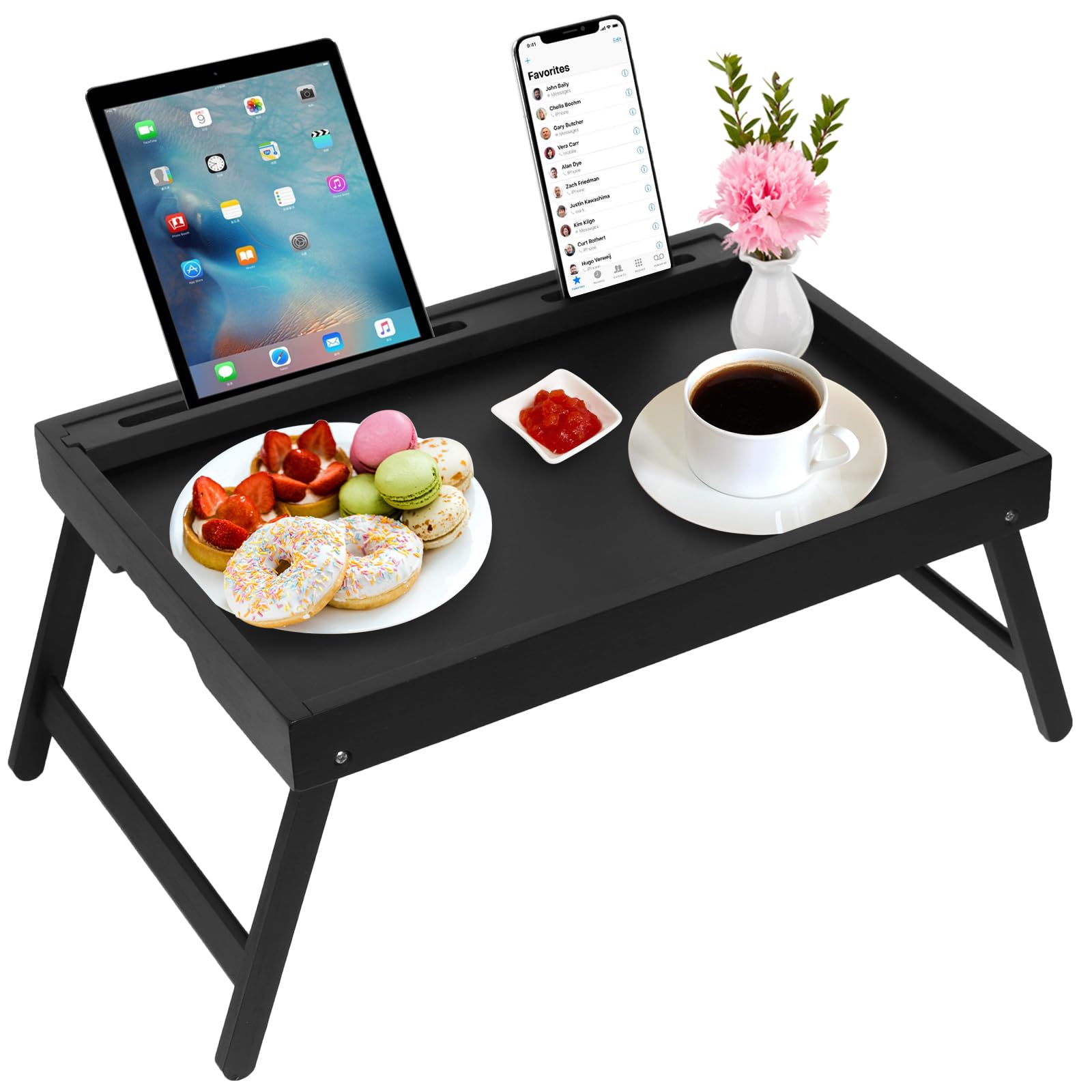 Artmeer Folding Bamboo Bed Tray Table with Handles, Media Slot, Laptop Desk, Snack, TV Serving Tray (Black)