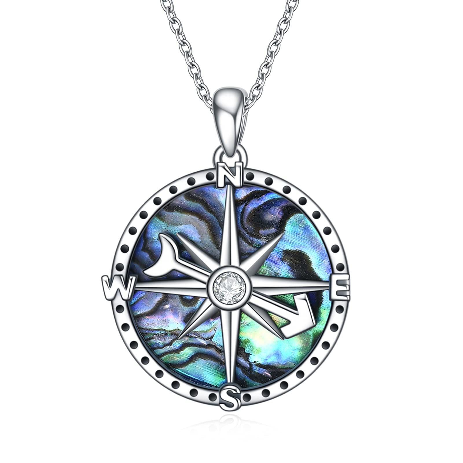 YFN Compass Pendant Necklace Sterling Silver Navy Anchor Travel Abalone Necklace for Women