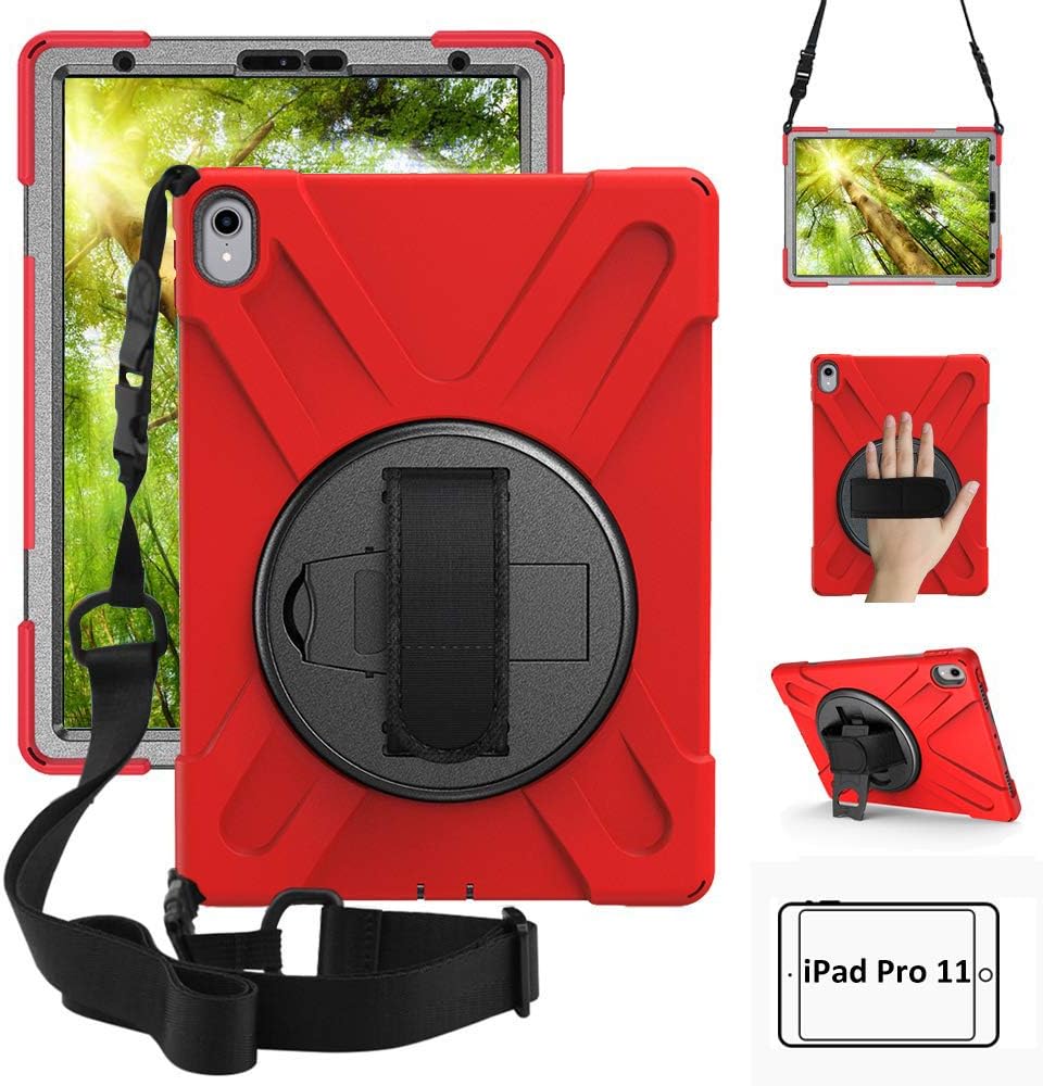 ZenRich New iPad Pro 11 Case,360 Degree Rotating Kickstand Dropproof Handstrap Shockproof Heavy Duty Cover Skin W/Shoulder Belt Harness for iPad Pro 11" Inch Tablet 2018 Release,Red