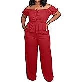 Womens Plus Size 2 Piece Outfits Sexy Off Shoulder Ruffle Short Sleeve Peplum Top Wide Leg Pant Suits Sets Party Outfit