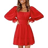 EXLURA Women's 2026 Casual Long Lantern Sleeve Dresses Square Neck Ruffle Tie Back Elastic Waist Aline Short Mini Dress
