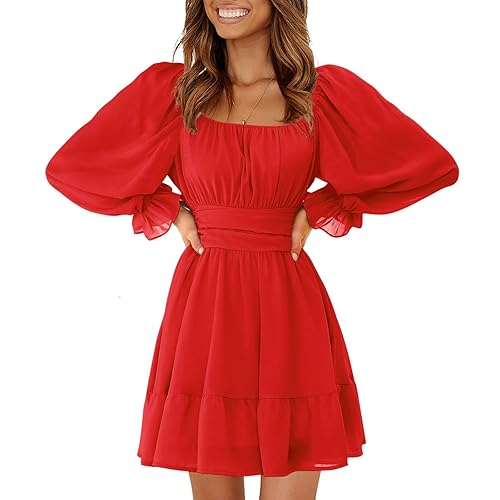 EXLURA Women Tie Back Wedding Guest Dresses Long Lantern Sleeve Square Neck  Ruffle Elastic Waist Aline Casual Mini Dress Red in Kenya