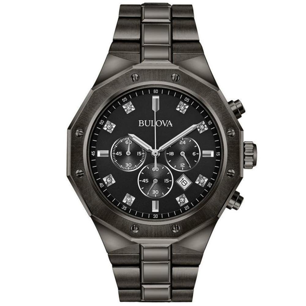 Bulova Reloj clásico de cuarzo con cronógrafo de 6 manecillas y diamantes para hombre, fecha calendario, marcadores luminosos, resistente al agua hasta 100 m, 44 mm