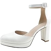 UMECOOL Chunky Closed Toe Heels for Women, Women's Platform Chunky Heels Closed Toe Block Ankle Strap Dress Buckle Round Toe Wedding Party Comfortable Pumps Shoes
