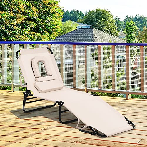 Goplus Folding Chaise Lounge Beach Chair, Face Down Tanning Chair with