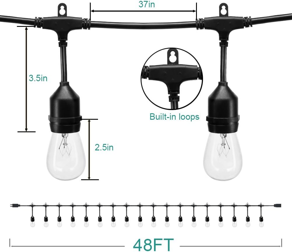 48 FT ADDLON Outdoor String Lights Commercial Grade Weatherproof Strand Edison Vintage Bulbs 15 Hanging Sockets, UL Listed Heavy-Duty Decorative Cafe Patio Lights for Bistro Garden - - 