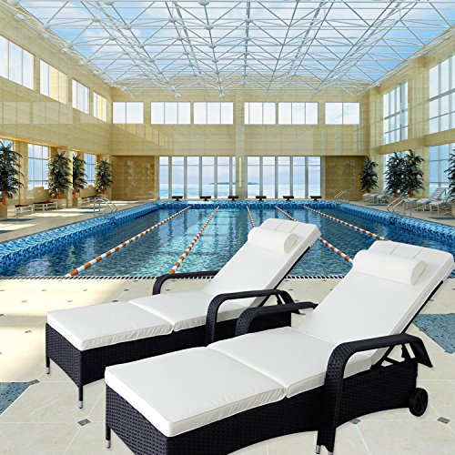 Kinbor (Set of 2) Outdoor Recliner Black PE Wicker Chaise Lounge Furniture w/ Wheels