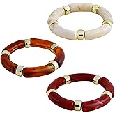 NKTDWO 3-Piece Women's Chunky Acrylic Bracelet Set – Stackable Resin Bamboo - Brown Elastic Bracelets, Trendy Fashion Jewelry for Women