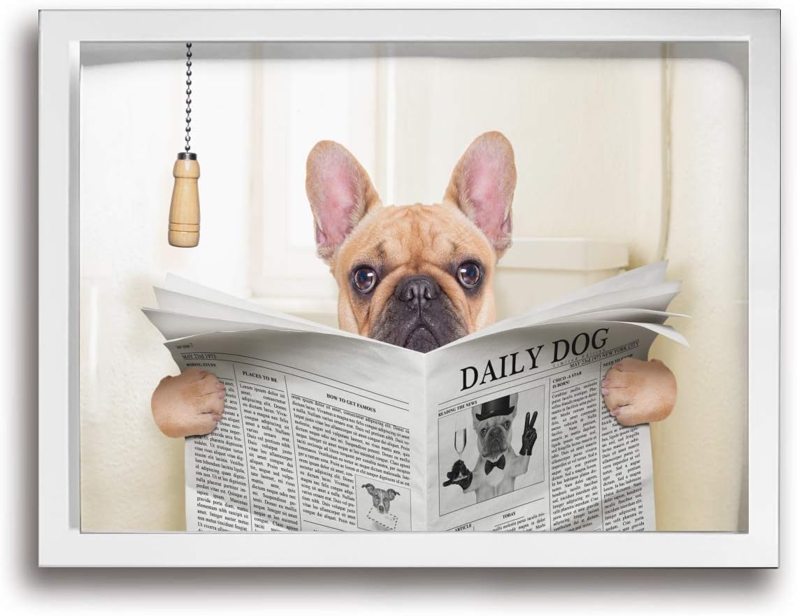 Aleart Frenchbull Dog Sitting On Toilet and Reading Frame Bathroom Wall Art Decor