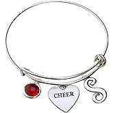 Personalized Cheer Bangle with Birthstone & Initial Charm, Adjustable Stainless Steel Bracelet for Coaches, Cheerleaders & Teams