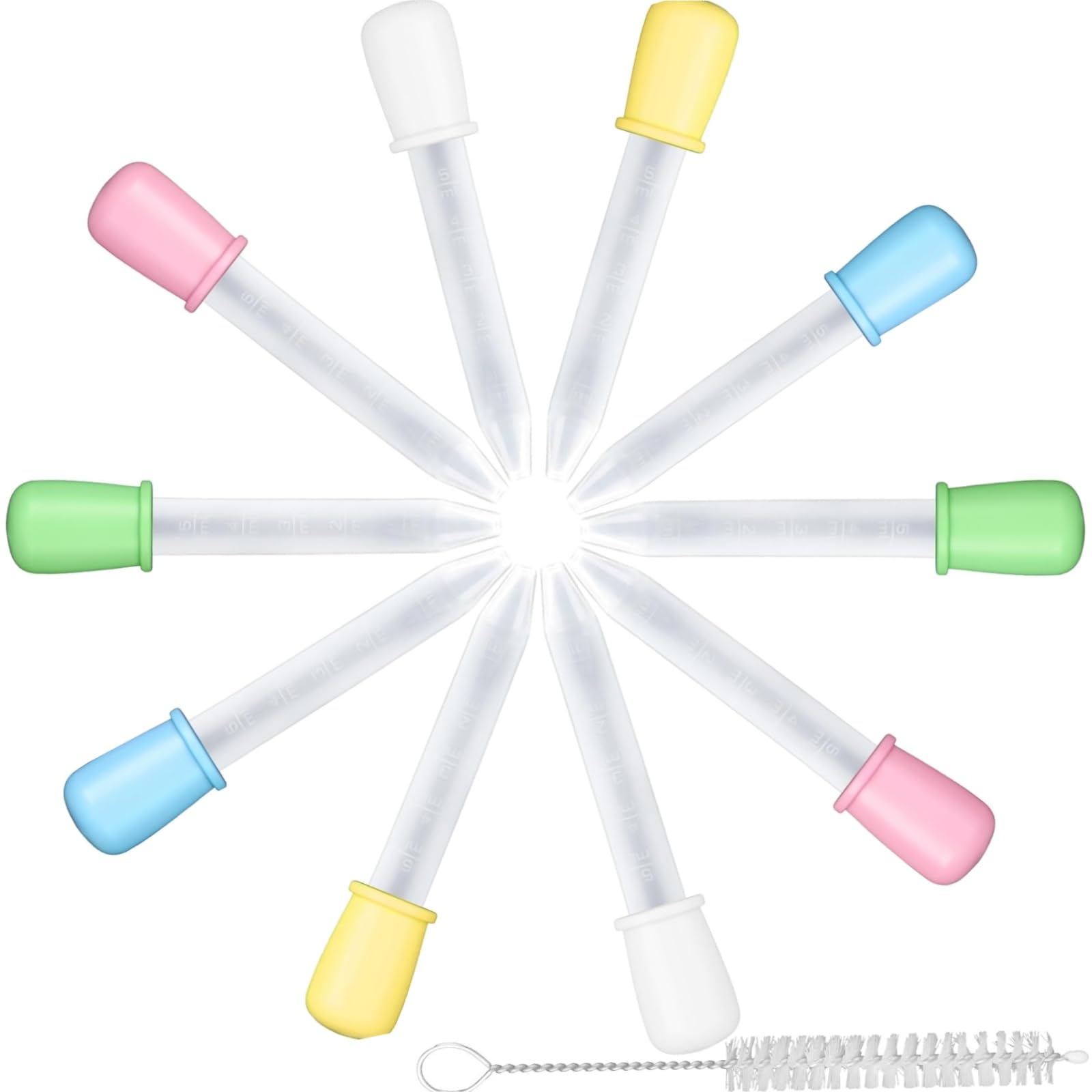 Photo 1 of 10 Pack 5ml Eye Droppers for Liquid + Cleaning Brush - Reusable Plastic Eye Dropper with Colorful Bulb Tip - Clear Pipette Dropper for Candy Making, Essential Oils, Science Experiments, DIY Crafts