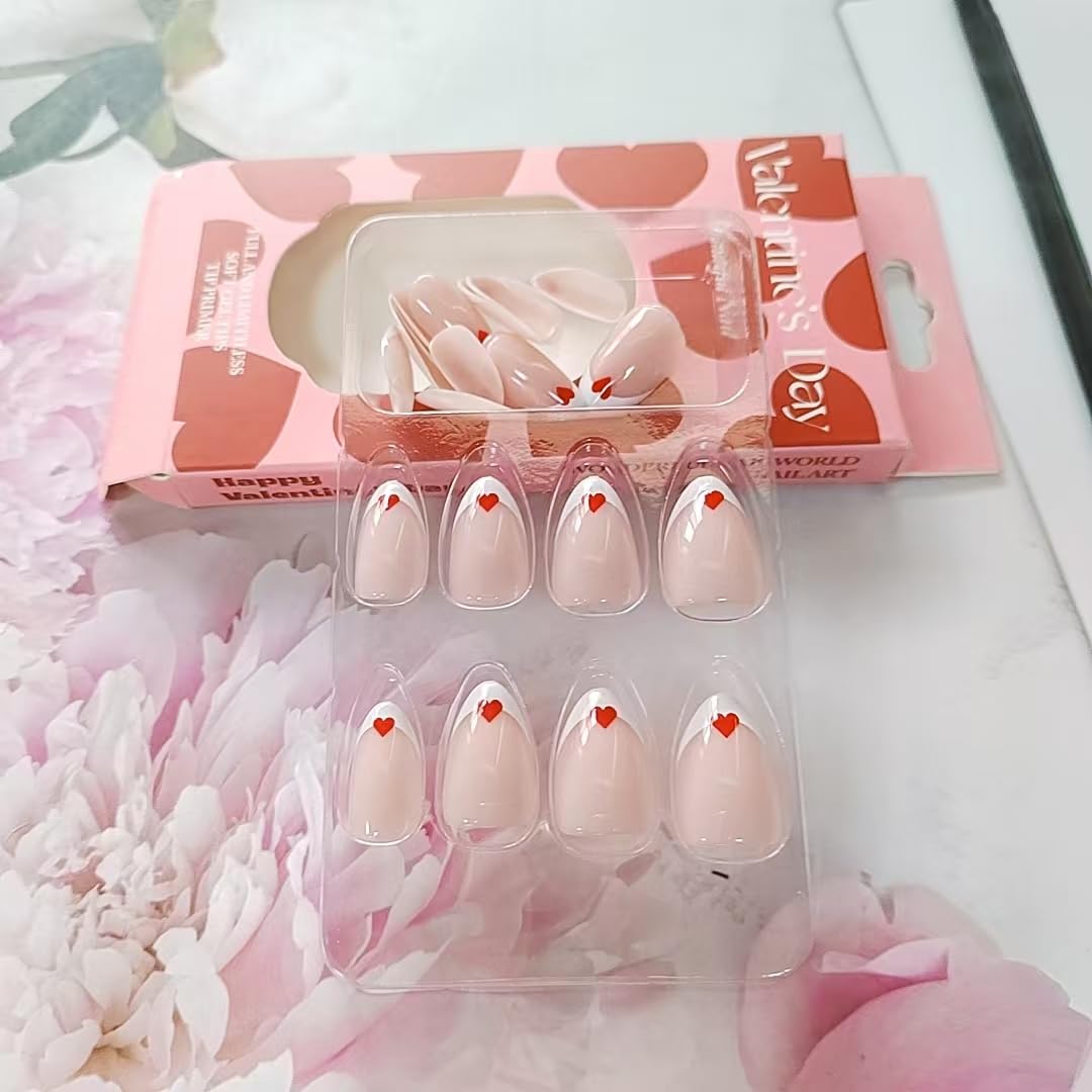 24 Pcs Cute Extra Short Press on Nails Almond - YEFIUO Pink Nail Tips Acrylic Nail Kit Cute Nail Art Fake Nails Press ons Heart White French Glue on Nail Full Cover False Nails for Women - Image 6