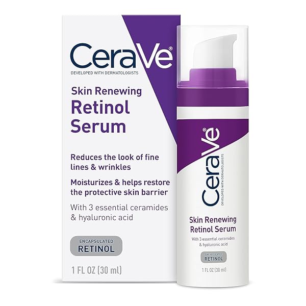 CERAVE ANTI AGING RETINOL SERUM FOR FACE, ENCAPSULATED RETINOL WITH HYALURONIC ACID, NIACINAMIDE & CERAMIDES, SMOOTHS WRINKLES & FINE LINES, GENTLE SKIN BRIGHTENING SERUM, FRAGRANCE FREE, 1 OZ