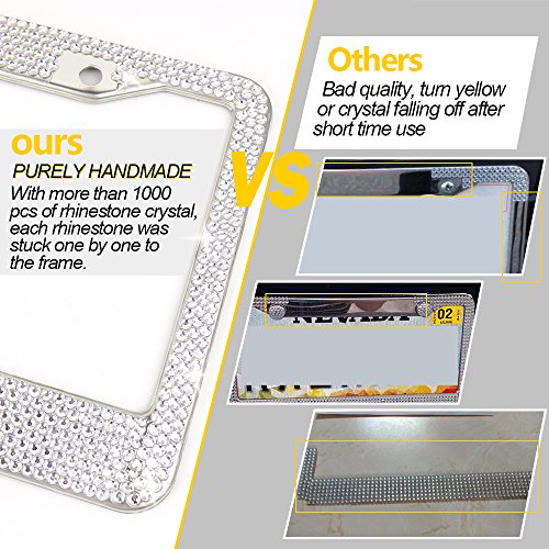 2 Pack Bling License Plate Frame-EZYKOO Sparkly License Plate Holder with 1000+Crystal Rhinestone License Plate Cover Come with Gift Box-Bonus Auto Start Decor Ring