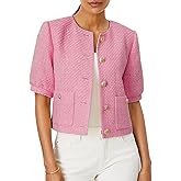 LifeShe Puff Short Sleeve Tweed Jacket Women Cropped Jackets Summer Open Front Office Work Blazer Coat