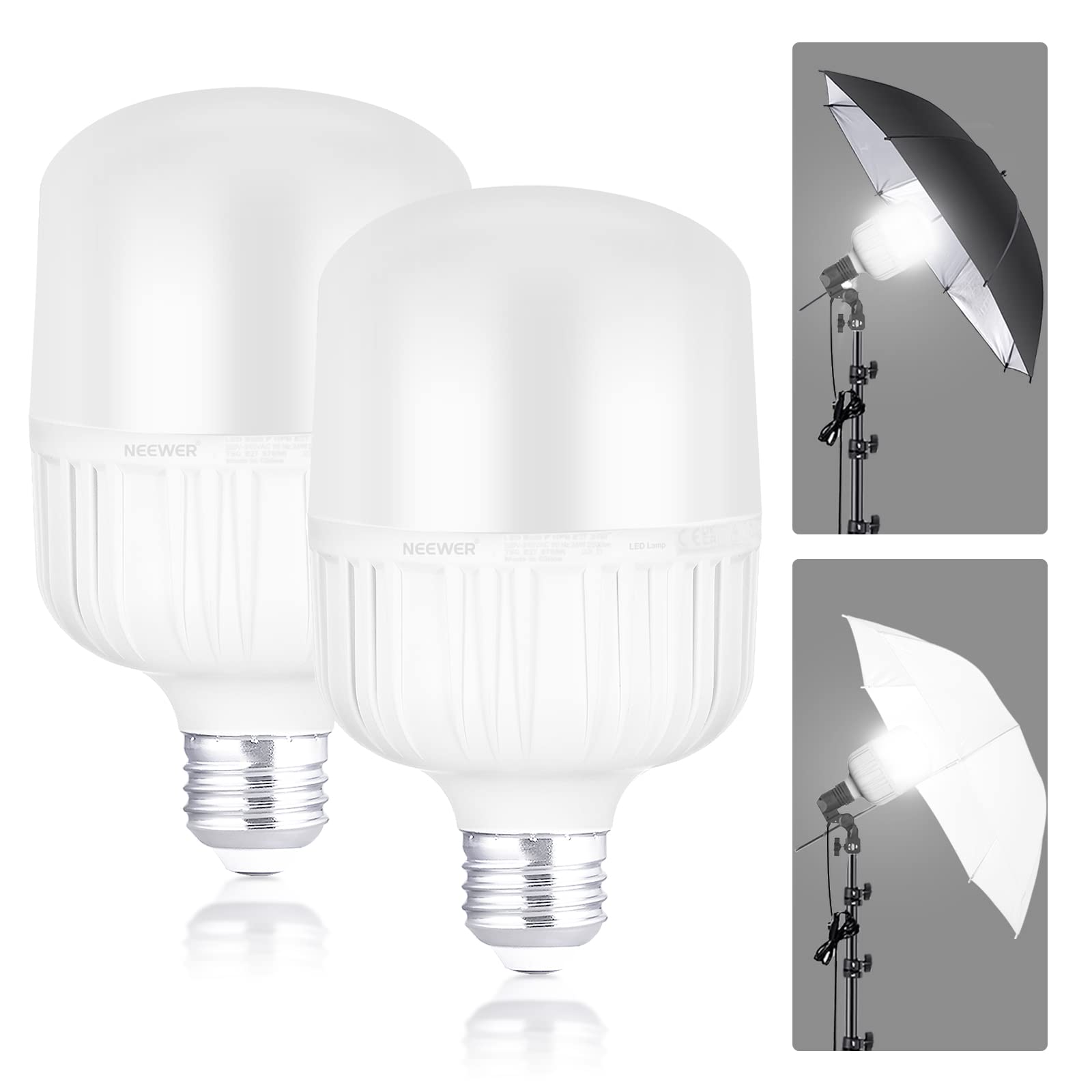 Neewer E27 24W LED Light Bulbs, 2 Packs, 2300 Lumens/5700K/CRI 93+/15000h Lifespan, Bright Video Photography Lighting, Silent/No Flicker/Non Dimmable 200W Incandescent Equivalent