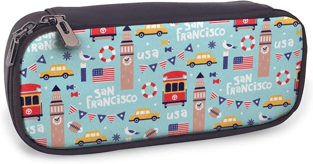 San Francisco Bay Area Travel Icons Leather Pencil Case Big Capacity Stationery Pens Pouch Holder Box Organizer