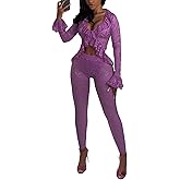 acelyn Women 2 Piece Lace Sets Sexy Bodycon Mesh Sheer Floral Lace Legging Pants Club Outfits Long Sleeve Ruffle Cardigans