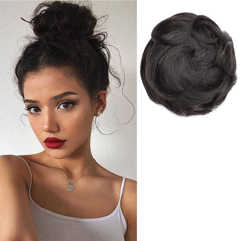 100% Silky Soft Real Hair Scrunchies Bun Updo Donut Chignons Hair Peice100% Remy Clip in Ponytail Extensions Curly Messy Human Hair Bun 01 Jet Black — image 1