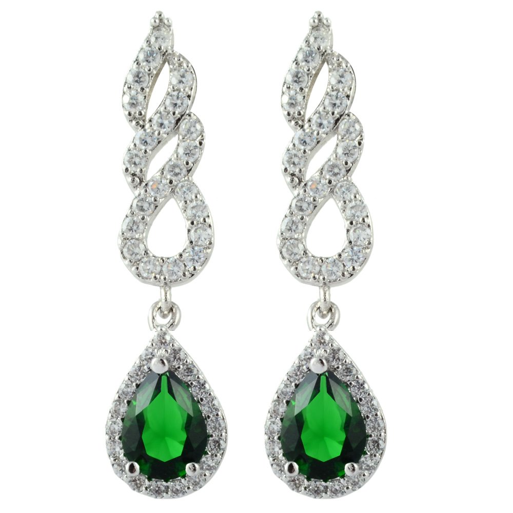 [RIZILIA TEARDROP] Dangle Pierced Earrings with Pear Cut Gemstones CZ [Green Emerald] in 18K White Gold Plated, Simple Modern Elegance