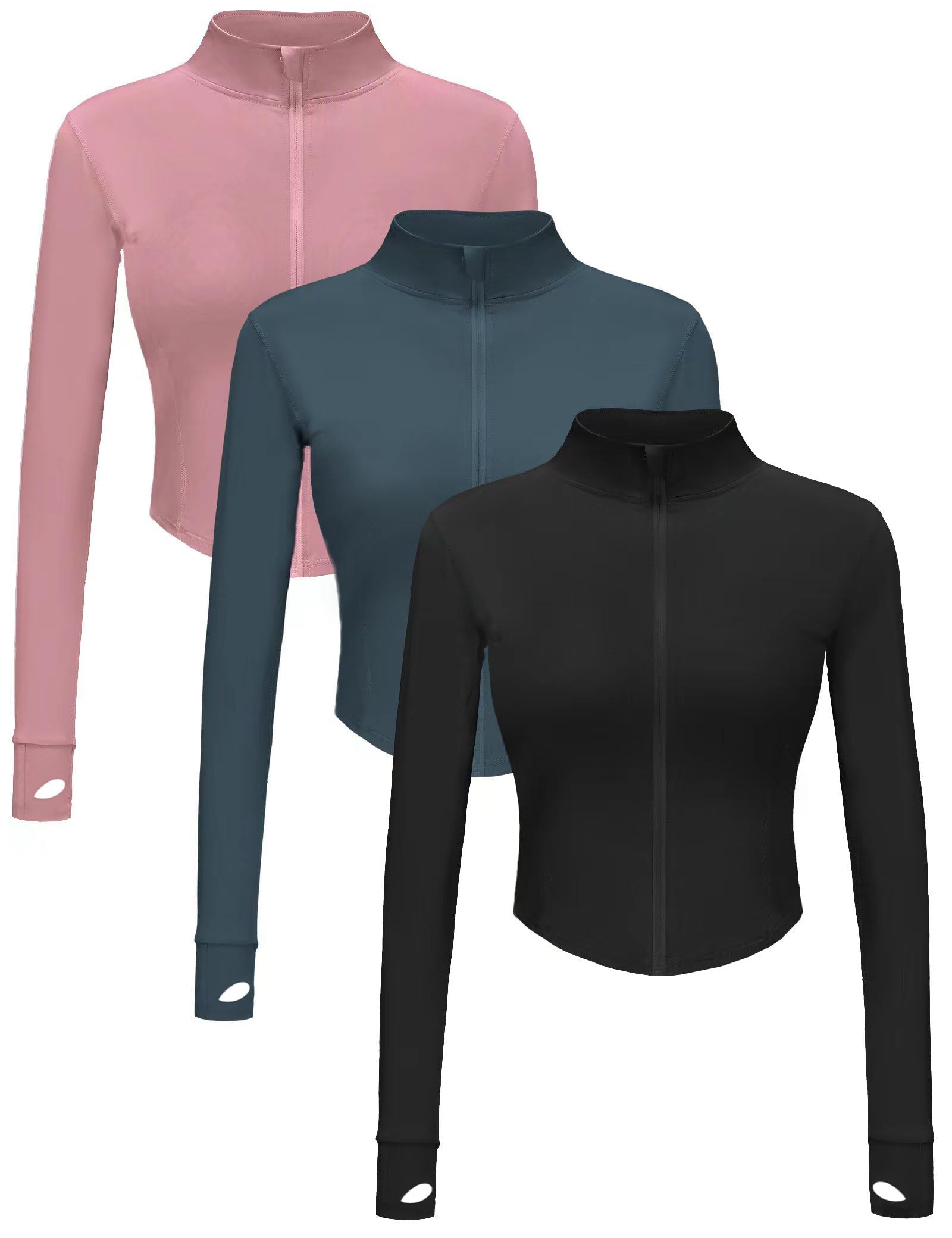 Photo 1 of Dalavch 3 Pack Womens Cropped Full Zip up Workout Jacket Slim Fit Running Athletic Gym Yoga Sports Jacket with Thumb Holes 1 Black 1 Pink 1 Blue Large