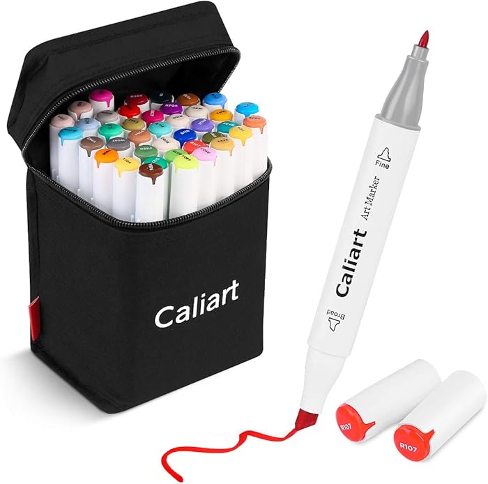 Caliart 40 Colors Dual Tip Art Markers Permanent Alcohol Based Markers Colored Artist Drawing Marker Pens Highlighters With Case for Coloring Animation Illustration Painting Card Making Underlining