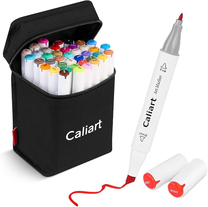 Caliart 40 Colors Dual Tip Art Markers Permanent Alcohol Based Markers