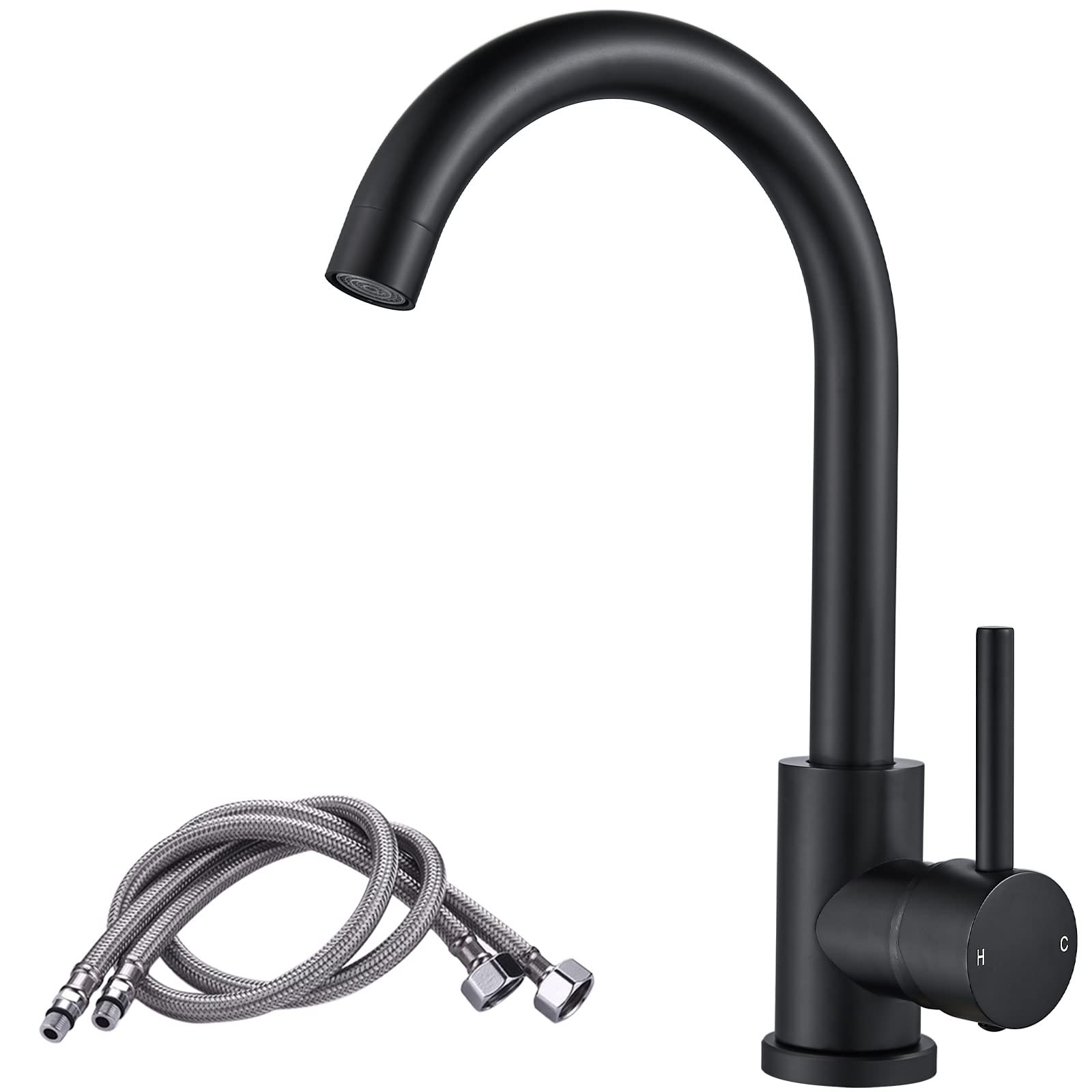 Kitchen Sink Mixer Tap, NewEast Single Lever Stainless Steel Black Monobloc Kitchen Tap 1 Hole Easy Fit with Hoses