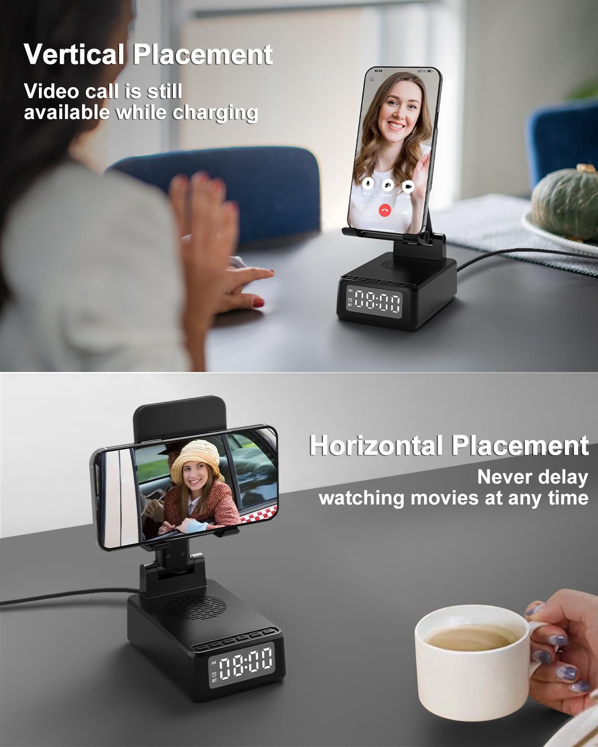 Birthday Gifts for Men Women, Bluetooth Speaker with Wireless Charger & Phone Stand, Gifts for Him, Foldable Angle & Height Stand with Alarm Clock, Ideal for Dad Mom, Tech Gadget Stocking Fillers