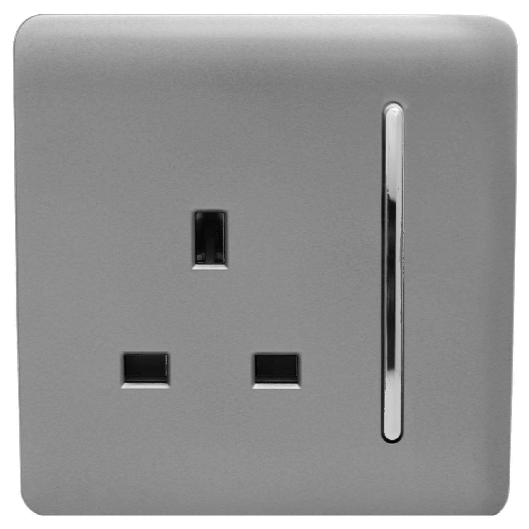 Trendi 1 Gang Raised Artistic Modern Glossy Screwless 13 Amp Single Pole with Chrome Switched UK Standard Electrical Double Wall Plug Socket in Light Grey - ART-SKT13LG