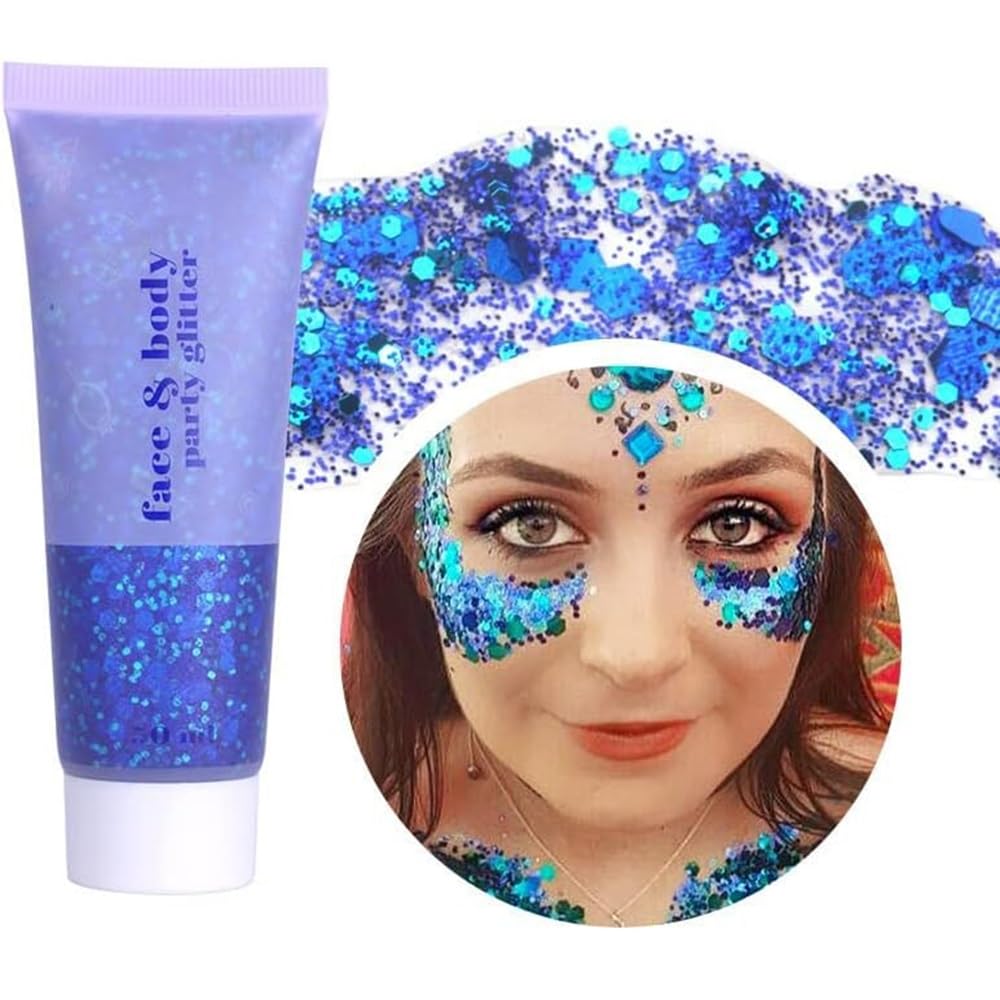 Beliky Girl Body Glitter Gel, 50ml Face Glitters Body Sequins Shimmer Liquid Eyeshadow, Mermaid Sequins Liquid Holographic Glitter Gel, Chunky Glitters for Eye Hair Nail DIY Art(Blue)